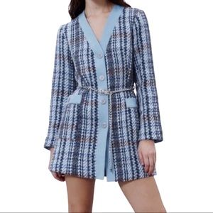 Zara Woman Blue Tweed Combination Structured Denim Blazer Coat Dress Size Small